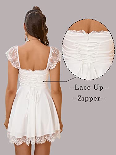 EYNMIN Women's Satin Lace Strap Mini Dress Square Neck Flowy A-Line Ruffle Swing Casual Short Dresses White M