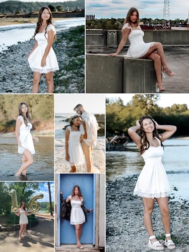 EYNMIN Women's Satin Lace Strap Mini Dress Square Neck Flowy A-Line Ruffle Swing Casual Short Dresses White M