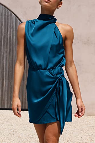 PRETTYGARDEN Women's Short Formal Satin Dress Summer Sleeveless Mock Neck Tie Waist Cocktail Party Dresses (Navy,Small)