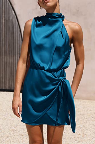 PRETTYGARDEN Women's Short Formal Satin Dress Summer Sleeveless Mock Neck Tie Waist Cocktail Party Dresses (Navy,Small)
