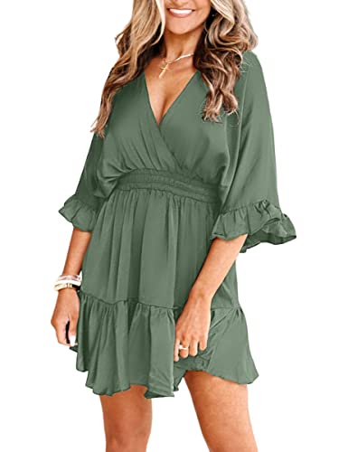 Aoysky Womens V Neck Casual Dresses Summer Loose High Waist Ruffle Pleated Cute Mini Short Dress Green