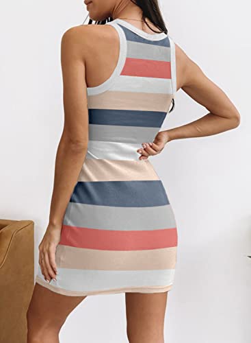 Samefar Womens Summer Sexy Bodycon Dress Scoop Neck Slim Ribbed Sleeveless Tank Dresses Stripd Multicolor Mini Dress Small