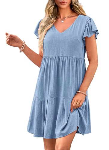 PRETTYGARDEN Summer Dress for Women Trendy Cap Sleeve V Neck Ruffled Flowy Mini Short Babydoll Dresses (Light Blue,Medium)