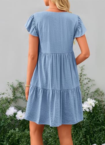 PRETTYGARDEN Summer Dress for Women Trendy Cap Sleeve V Neck Ruffled Flowy Mini Short Babydoll Dresses (Light Blue,Medium)