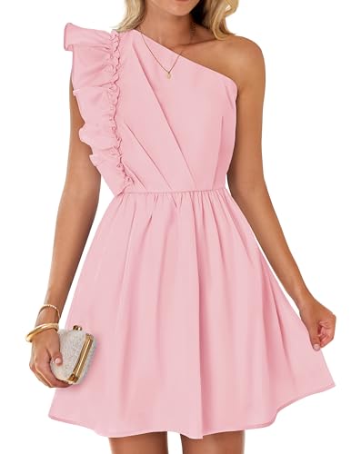 ZESICA Women's Summer One Shoulder Ruffle Dress 2024 Boho Sleeveless Elastic High Waist Swing Mini Dresses,Pink,Small