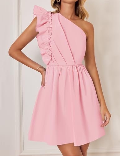 ZESICA Women's Summer One Shoulder Ruffle Dress 2024 Boho Sleeveless Elastic High Waist Swing Mini Dresses,Pink,Small