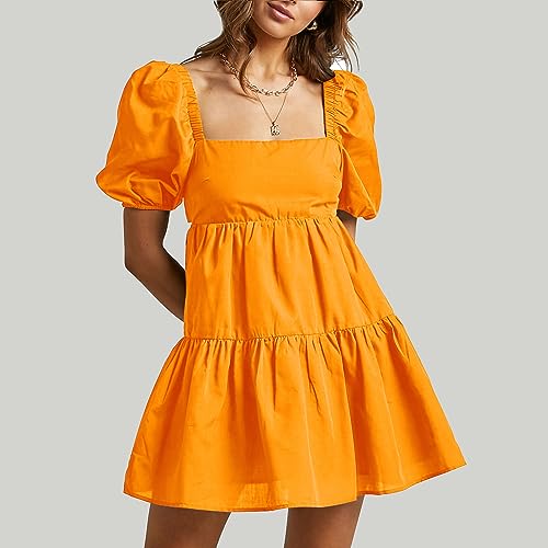 OWNGIGI Women's Summer Dress Square Neck Puffy Short Sleeve Loose Tie Back Casual A-Line Mini Dresses Orange
