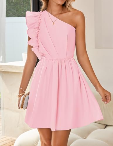 ZESICA Women's Summer One Shoulder Ruffle Dress 2024 Boho Sleeveless Elastic High Waist Swing Mini Dresses,Pink,Small