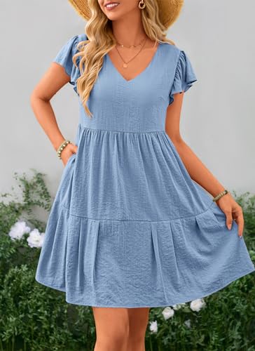 PRETTYGARDEN Summer Dress for Women Trendy Cap Sleeve V Neck Ruffled Flowy Mini Short Babydoll Dresses (Light Blue,Medium)