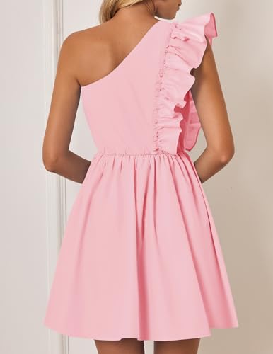 ZESICA Women's Summer One Shoulder Ruffle Dress 2024 Boho Sleeveless Elastic High Waist Swing Mini Dresses,Pink,Small