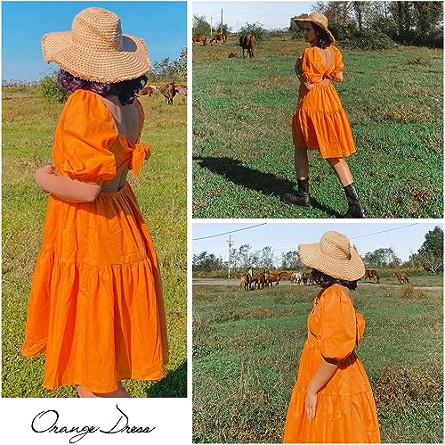 OWNGIGI Women's Summer Dress Square Neck Puffy Short Sleeve Loose Tie Back Casual A-Line Mini Dresses Orange