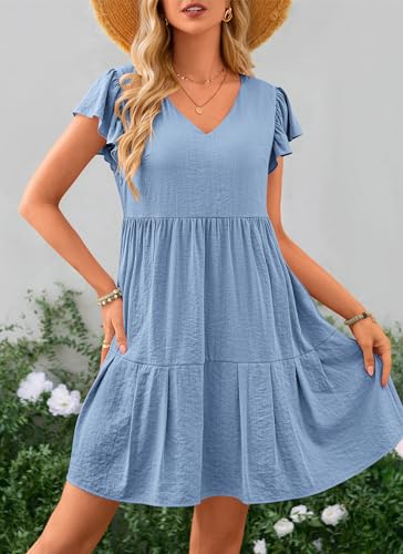 PRETTYGARDEN Summer Dress for Women Trendy Cap Sleeve V Neck Ruffled Flowy Mini Short Babydoll Dresses (Light Blue,Medium)