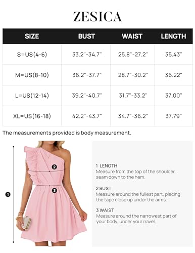 ZESICA Women's Summer One Shoulder Ruffle Dress 2024 Boho Sleeveless Elastic High Waist Swing Mini Dresses,Pink,Small
