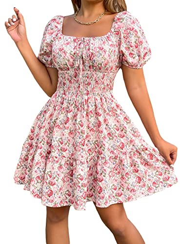 Floerns Women's Boho Square Neck Puff Short Sleeve Self Tie Front A Line Dress A Pink L