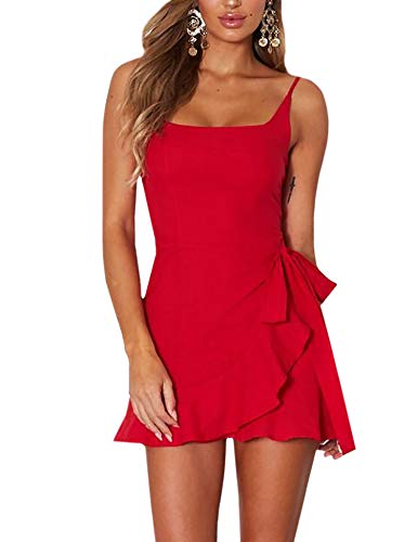 AIMCOO Women's Casual Ruffle Hem Solid Wrap Dress Spaghetti Strap Front Tie Knot Short Dresses Red