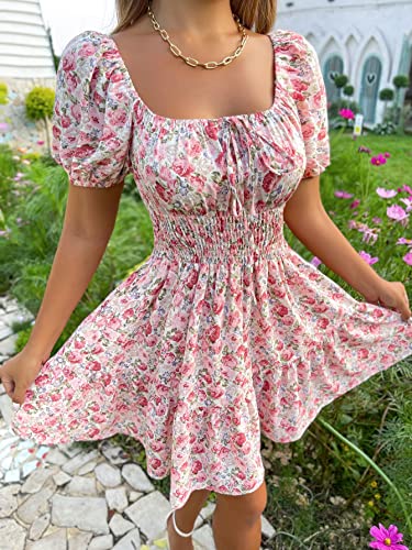 Floerns Women's Boho Square Neck Puff Short Sleeve Self Tie Front A Line Dress A Pink L