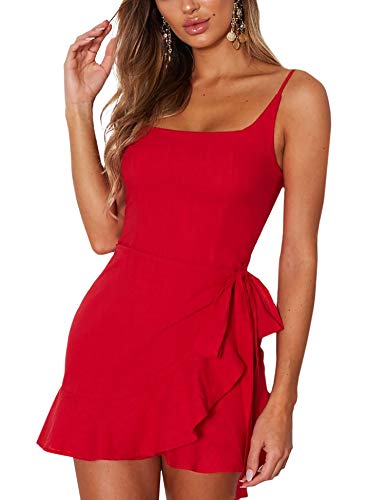 AIMCOO Women's Casual Ruffle Hem Solid Wrap Dress Spaghetti Strap Front Tie Knot Short Dresses Red