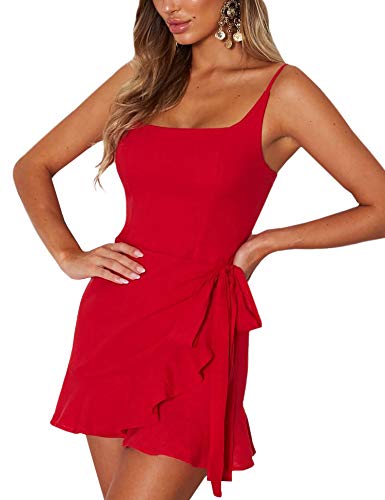 AIMCOO Women's Casual Ruffle Hem Solid Wrap Dress Spaghetti Strap Front Tie Knot Short Dresses Red