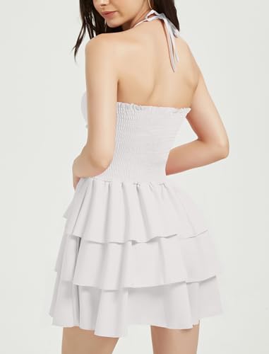 Mebius Womens Mini Dress Preppy Smocked Waist Halter Criss Cross Tiered Hem Backless A Line Short Ruffle Dresses Solid White S