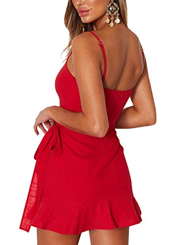 AIMCOO Women's Casual Ruffle Hem Solid Wrap Dress Spaghetti Strap Front Tie Knot Short Dresses Red