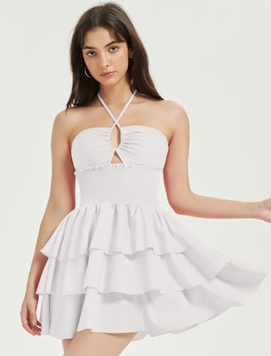 Mebius Womens Mini Dress Preppy Smocked Waist Halter Criss Cross Tiered Hem Backless A Line Short Ruffle Dresses Solid White S