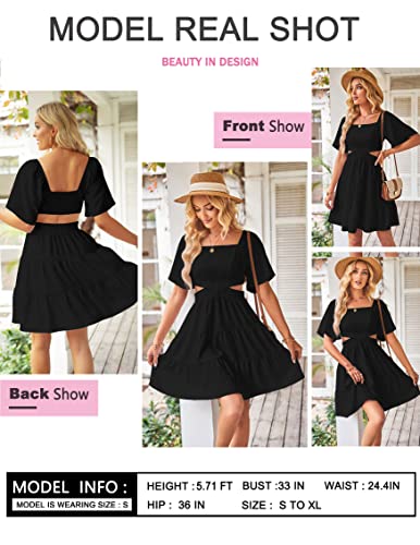 Women's Summer Dresses Square Neck Casual Short Sleeves Crossover Elastic Waist Party Mini Dress Black M