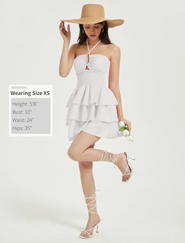 Mebius Womens Mini Dress Preppy Smocked Waist Halter Criss Cross Tiered Hem Backless A Line Short Ruffle Dresses Solid White S
