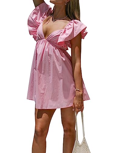 Zebaexf Womens Spring Summer V Neck Knot Back Causal Strap Short Flowy Swing Mini Dress B Pink