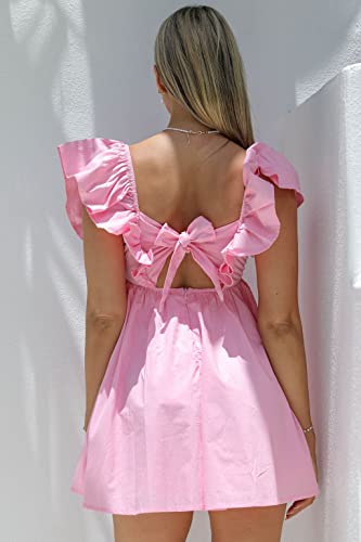 Zebaexf Womens Spring Summer V Neck Knot Back Causal Strap Short Flowy Swing Mini Dress B Pink