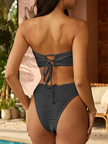 ZAFUL Women Strapless Textured Bandeau Bikini 2 Piece Swimwear Cheeky Solid Lace up Bathing Suits(1-Dark Gray,M)