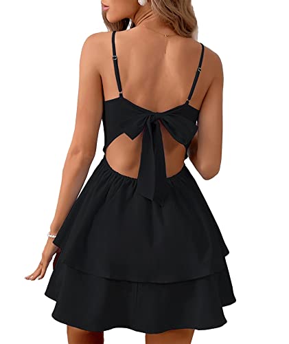 SEMATOMALA Women's Tie Back Spaghetti Strap Skater Mini Dress Tiered Ruffle Fit and Flared A Line Sexy Cute Short Party Dress BL-XS Black