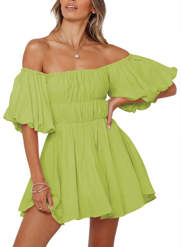 Dokotoo Off Shoulder Wedding Guest Dresses for Women 2024 Short Puff Sleeve Grass Green Dress Elastic Waist Ruffle A-Line Casual Mini Beach Dress Large