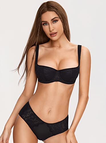 DOBREVA Women's Balconette Bra Sexy Lace Demi Underwire Shelf Plus Size Lightly Padded Wide Straps Black 38DD