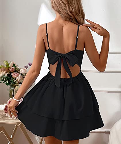 SEMATOMALA Women's Tie Back Spaghetti Strap Skater Mini Dress Tiered Ruffle Fit and Flared A Line Sexy Cute Short Party Dress BL-XS Black