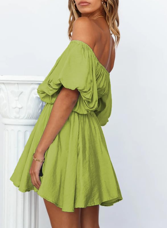 Dokotoo Off Shoulder Wedding Guest Dresses for Women 2024 Short Puff Sleeve Grass Green Dress Elastic Waist Ruffle A-Line Casual Mini Beach Dress Large