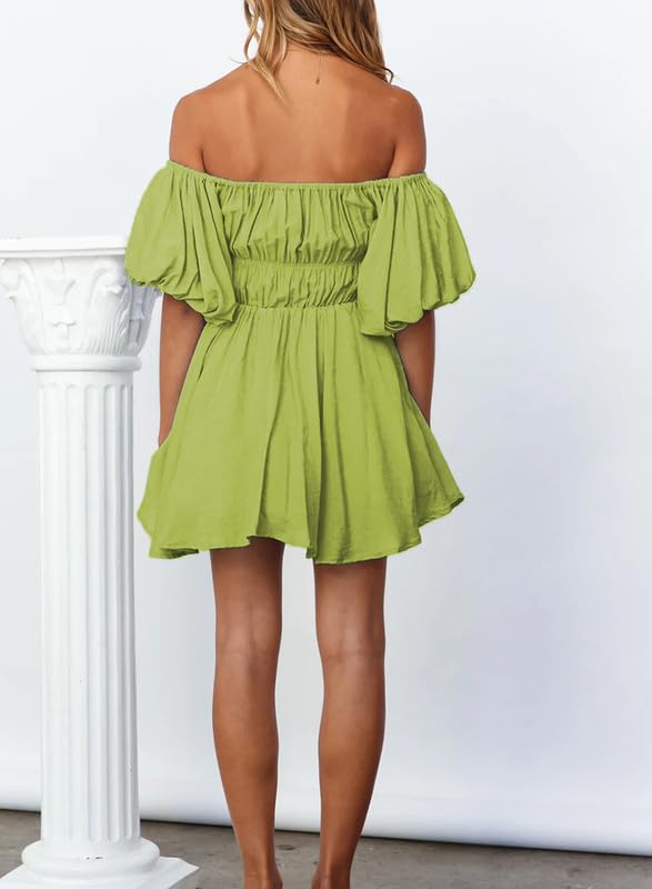 Dokotoo Off Shoulder Wedding Guest Dresses for Women 2024 Short Puff Sleeve Grass Green Dress Elastic Waist Ruffle A-Line Casual Mini Beach Dress Large