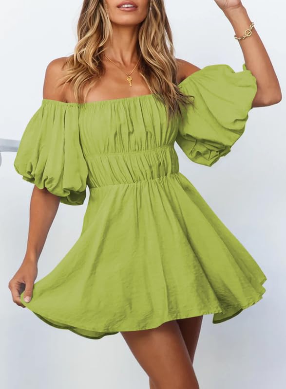Dokotoo Off Shoulder Wedding Guest Dresses for Women 2024 Short Puff Sleeve Grass Green Dress Elastic Waist Ruffle A-Line Casual Mini Beach Dress Large