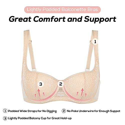 DOBREVA Women's Balconette Bra Sexy Lace Demi Underwire Shelf Plus Size Lightly Padded Wide Straps Black 38DD