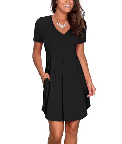 Nova In Sky Petite Short Dress for Women V Neck Mini Fairy Dress Short Sleeve Sun Dress Fashion Summer Black B L