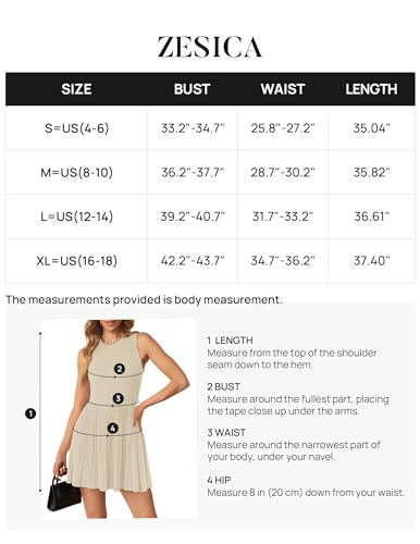 ZESICA Women's Summer Sleeveless Mini Dress 2024 Crewneck Knit A Line Pleated Swing Casual Basic Short Dress,Almond,Small