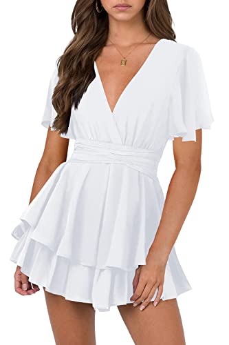 Hocuos Women's Dress Cute Deep V-Neck Short Sleeve Skater Dress Tie Waist Layer Ruffle Hem A Line Swing Casual Mini Dress-White-X-Small
