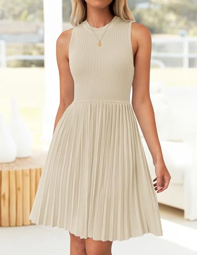 ZESICA Women's Summer Sleeveless Mini Dress 2024 Crewneck Knit A Line Pleated Swing Casual Basic Short Dress,Almond,Small