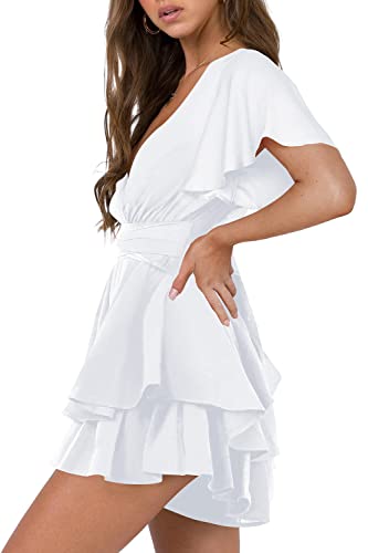 Hocuos Women's Dress Cute Deep V-Neck Short Sleeve Skater Dress Tie Waist Layer Ruffle Hem A Line Swing Casual Mini Dress-White-X-Small