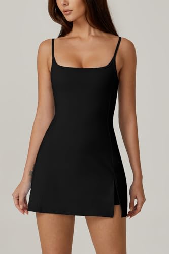 QINSEN Women Workout Tennis Dress with Built-in Shorts Spaghetti Strap Low Back Active Mini Dresses Black M