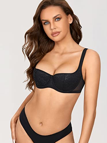 DOBREVA Women's Balconette Bra Sexy Lace Demi Underwire Shelf Plus Size Lightly Padded Wide Straps Black 38DD