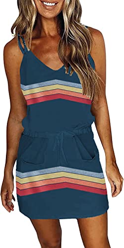 Women Summer Casual Striped Dress Sleeveless Halter Strap Flowy Boho Dress with Pockets