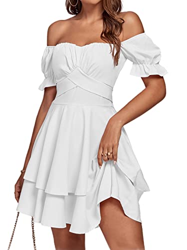 LYANER Women's Tie Back Off Shoulder Wrap Layer Ruffle Short Sleeve Mini Dress White Medium