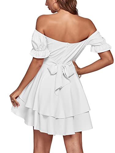 LYANER Women's Tie Back Off Shoulder Wrap Layer Ruffle Short Sleeve Mini Dress White Medium