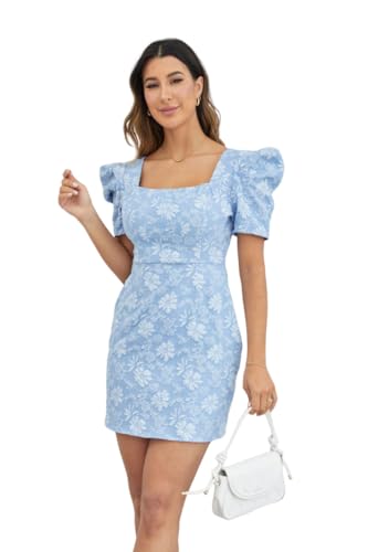 SOLY HUX Women's Floral Square Neck Puff Short Sleeve Mini Dress High Waist Summer Boho Short Dresses Blue and White XS