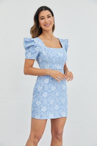 SOLY HUX Women's Floral Square Neck Puff Short Sleeve Mini Dress High Waist Summer Boho Short Dresses Blue and White XS